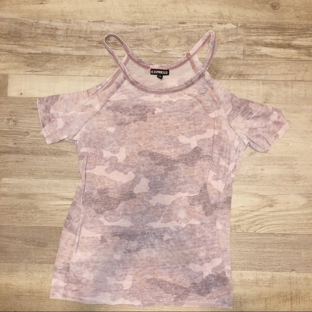 Express Purple Camo Off the Shoulder Shirt
